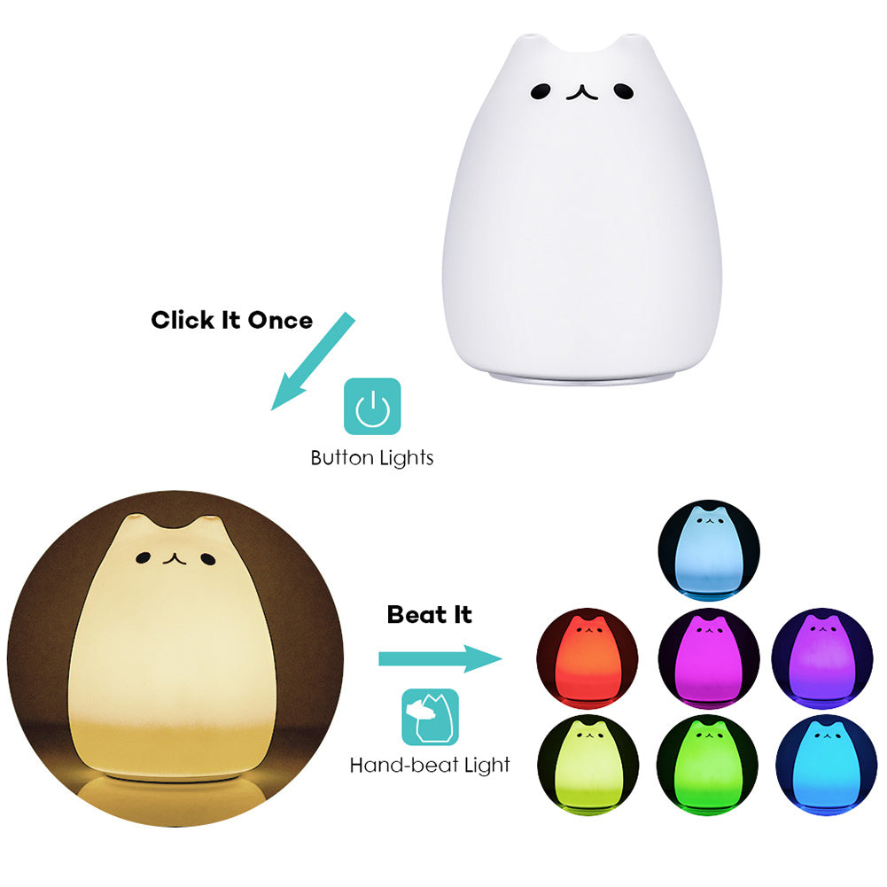 Cute Cat Night Light for Kids – Soft Silicone Tap Control Lamp with 7 Colors, Rechargeable & Decompression Toy