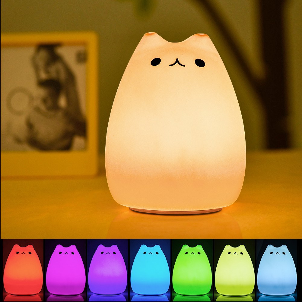 Cute Cat Night Light for Kids – Soft Silicone Tap Control Lamp with 7 Colors, Rechargeable & Decompression Toy