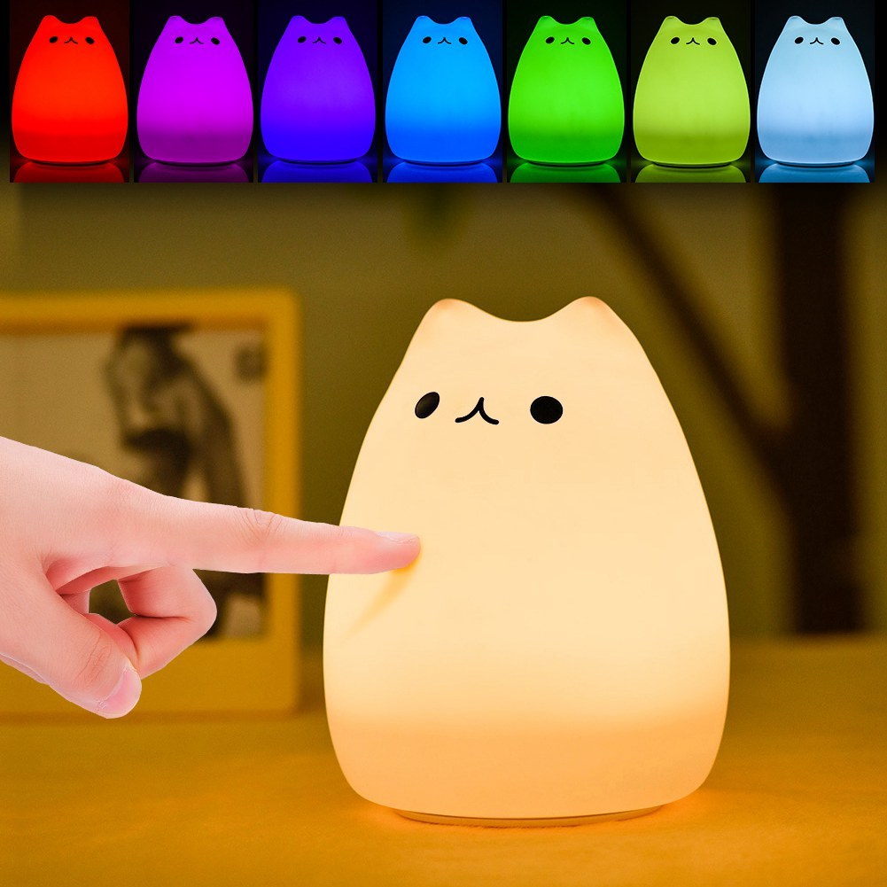 Cute Cat Night Light for Kids – Soft Silicone Tap Control Lamp with 7 Colors, Rechargeable & Decompression Toy