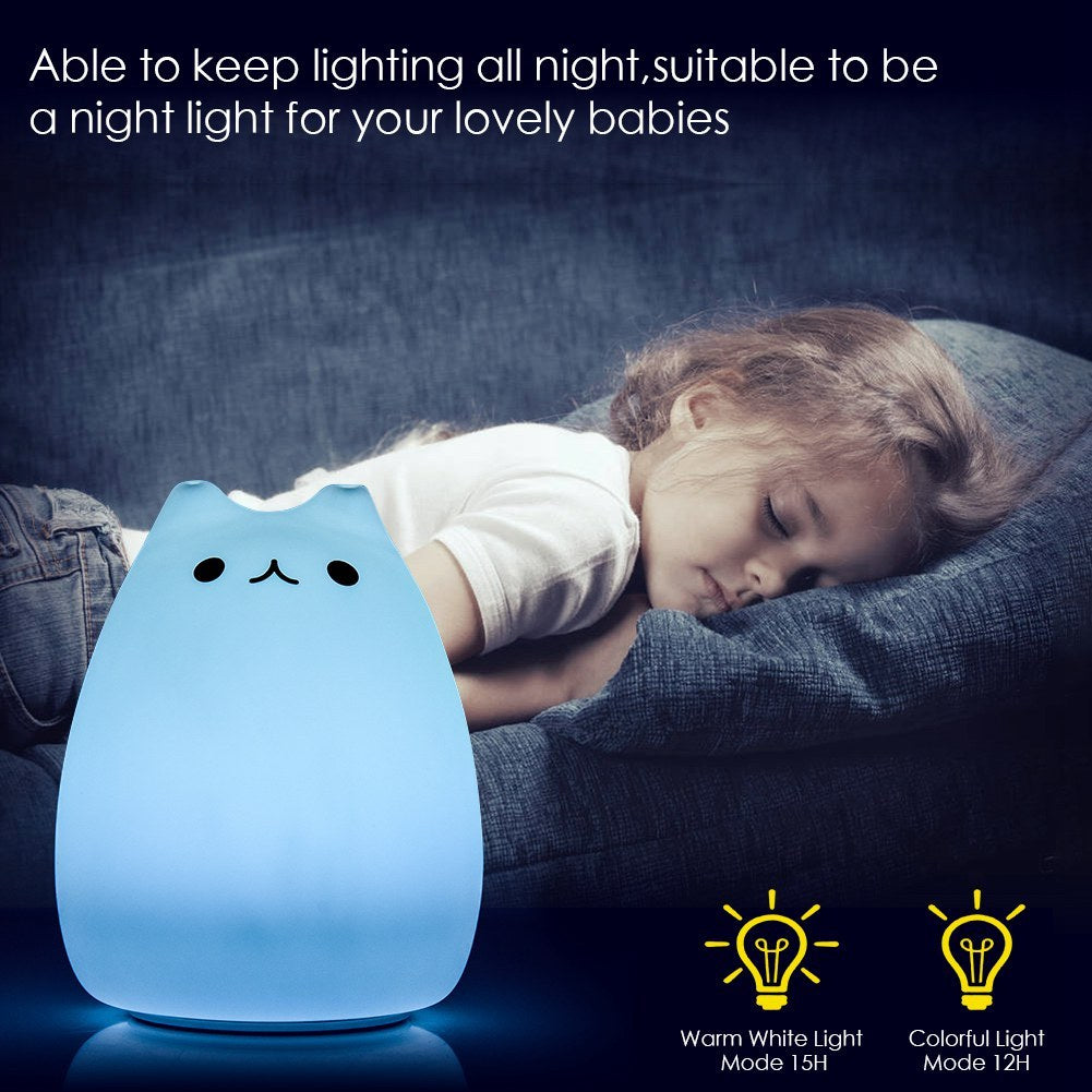 Cute Cat Night Light for Kids – Soft Silicone Tap Control Lamp with 7 Colors, Rechargeable & Decompression Toy