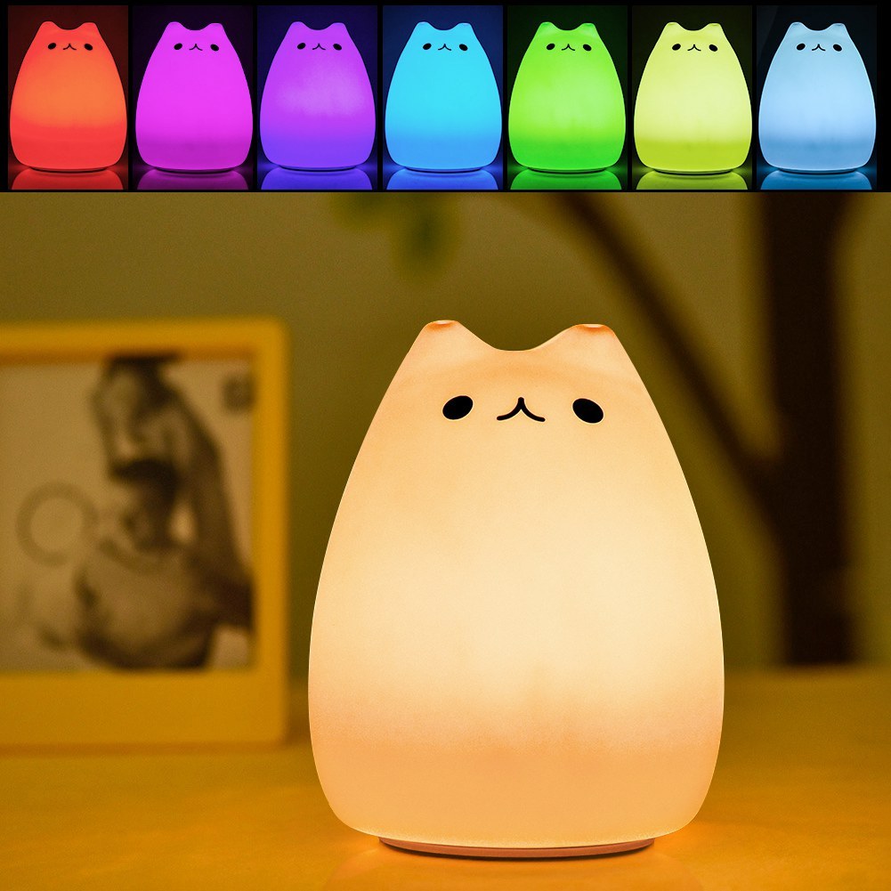 Cute Cat Night Light for Kids – Soft Silicone Tap Control Lamp with 7 Colors, Rechargeable & Decompression Toy
