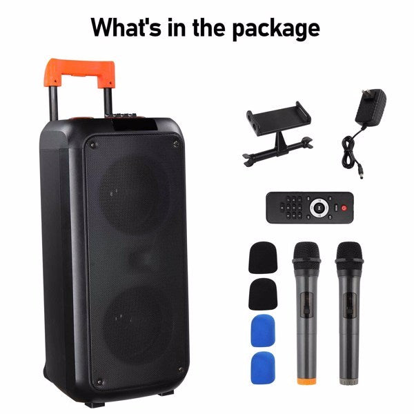 40W Bluetooth Trolley Speaker with Wireless Microphones & LED Light Rhythm, Remote Control, 2 x 8-inch Woofers, Multi-Playback Modes – Perfect for Parties & Karaoke