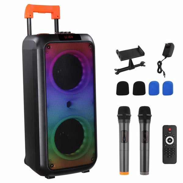 40W Bluetooth Trolley Speaker with Wireless Microphones & LED Light Rhythm, Remote Control, 2 x 8-inch Woofers, Multi-Playback Modes – Perfect for Parties & Karaoke