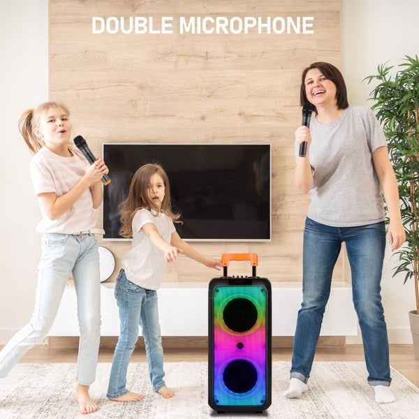 40W Bluetooth Trolley Speaker with Wireless Microphones & LED Light Rhythm, Remote Control, 2 x 8-inch Woofers, Multi-Playback Modes – Perfect for Parties & Karaoke