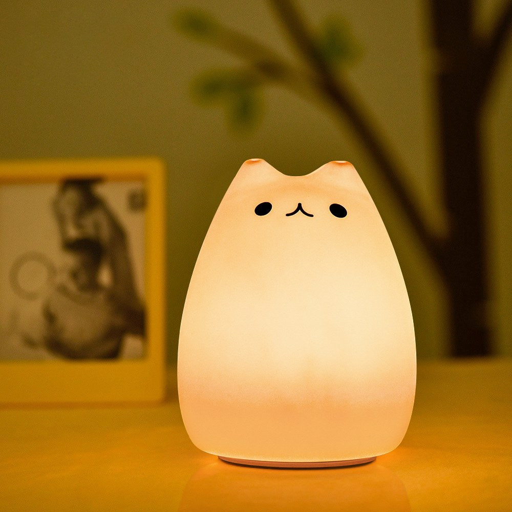 Cute Cat Night Light for Kids – Soft Silicone Tap Control Lamp with 7 Colors, Rechargeable & Decompression Toy