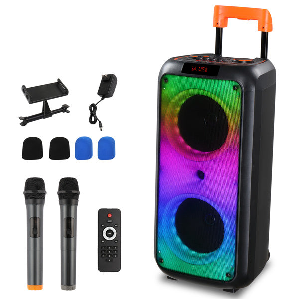 40W Bluetooth Trolley Speaker with Wireless Microphones & LED Light Rhythm, Remote Control, 2 x 8-inch Woofers, Multi-Playback Modes – Perfect for Parties & Karaoke