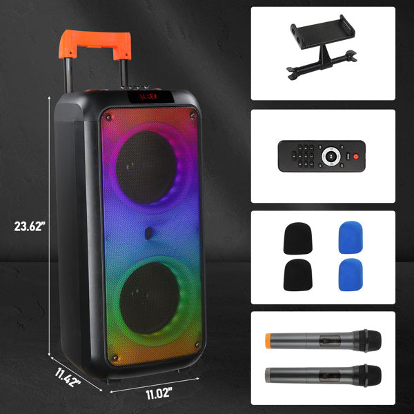 40W Bluetooth Trolley Speaker with Wireless Microphones & LED Light Rhythm, Remote Control, 2 x 8-inch Woofers, Multi-Playback Modes – Perfect for Parties & Karaoke