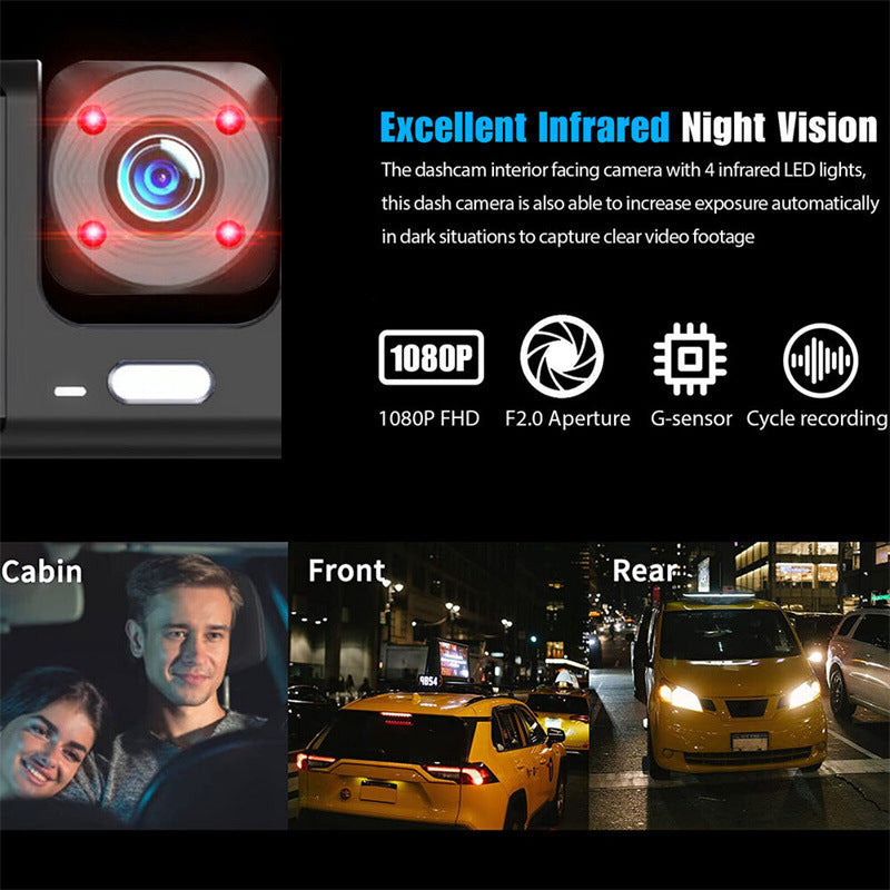 HD 1080P Dash Cam with Dual Lens, G-Sensor, Motion Detection & Super Night Vision – Front, Rear & Inside Car Camera