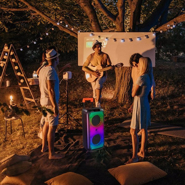 40W Bluetooth Trolley Speaker with Wireless Microphones & LED Light Rhythm, Remote Control, 2 x 8-inch Woofers, Multi-Playback Modes – Perfect for Parties & Karaoke