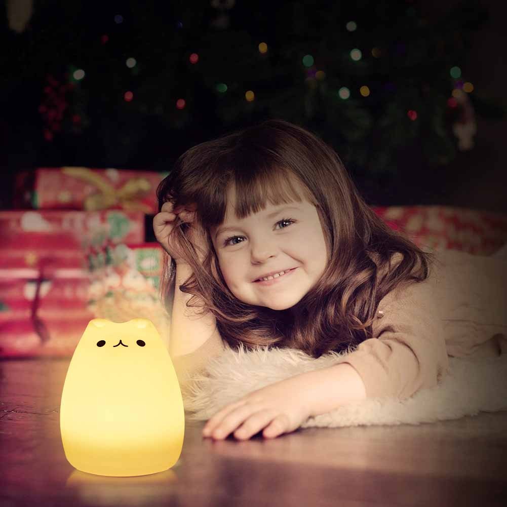 Cute Cat Night Light for Kids – Soft Silicone Tap Control Lamp with 7 Colors, Rechargeable & Decompression Toy